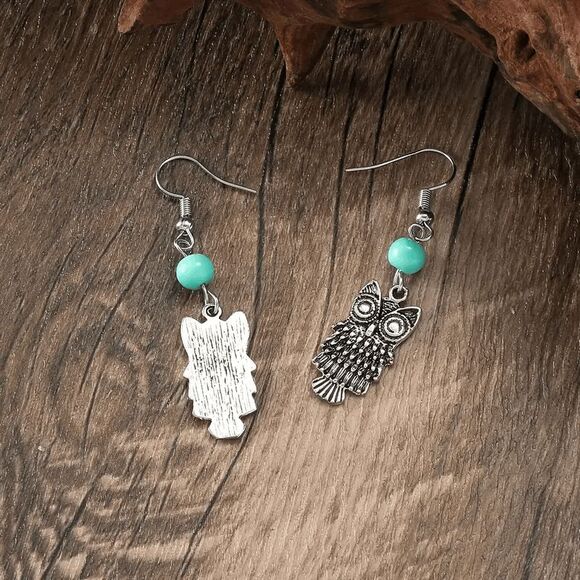 Boho Turquoise Owl Dangle Earrings - Picture 6 of 8